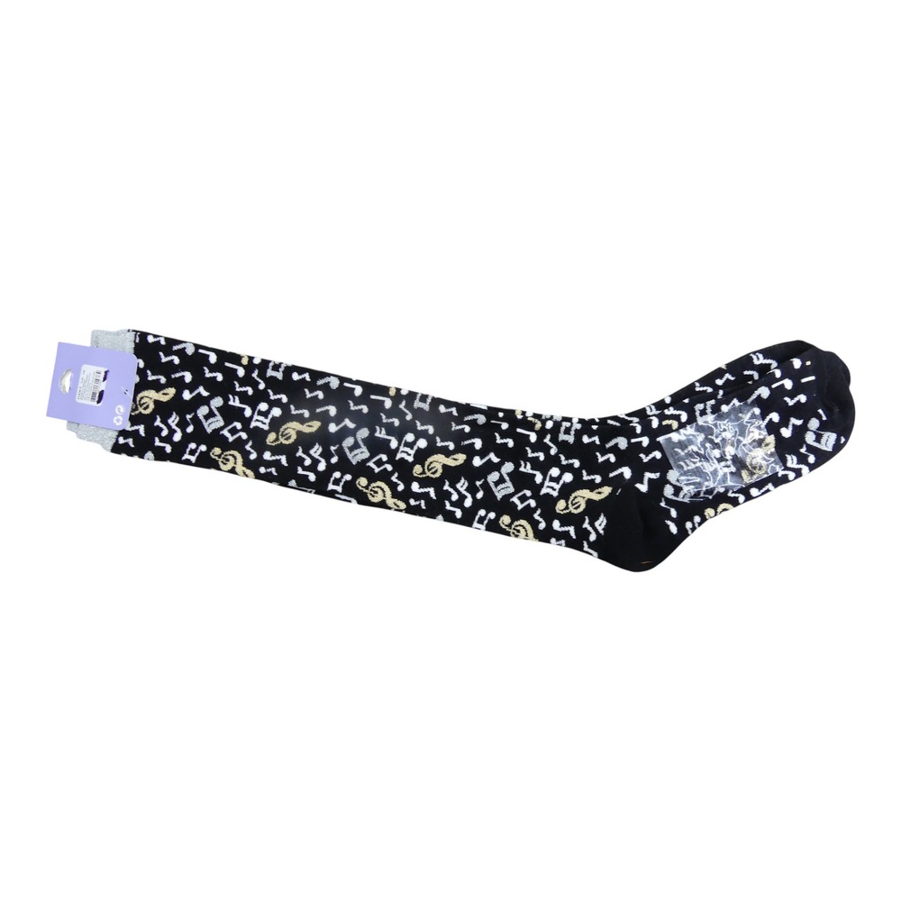 Claire's Knee High Socks Womens 9-11 Black New Music Notes Metallic Glitter Cuff
